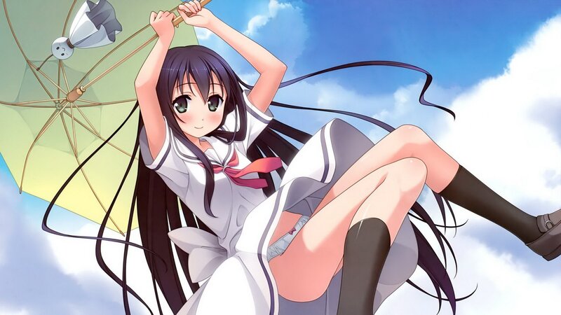 Anime girl with umbrella in sky