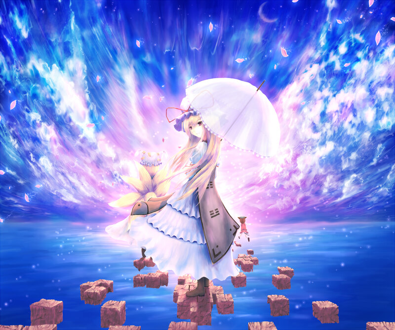 Anime girl with umbrella in sky