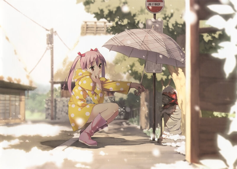 Anime girl with umbrella in snow