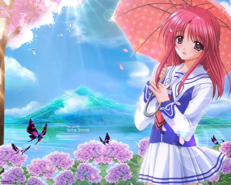 Anime girl with umbrella in spring