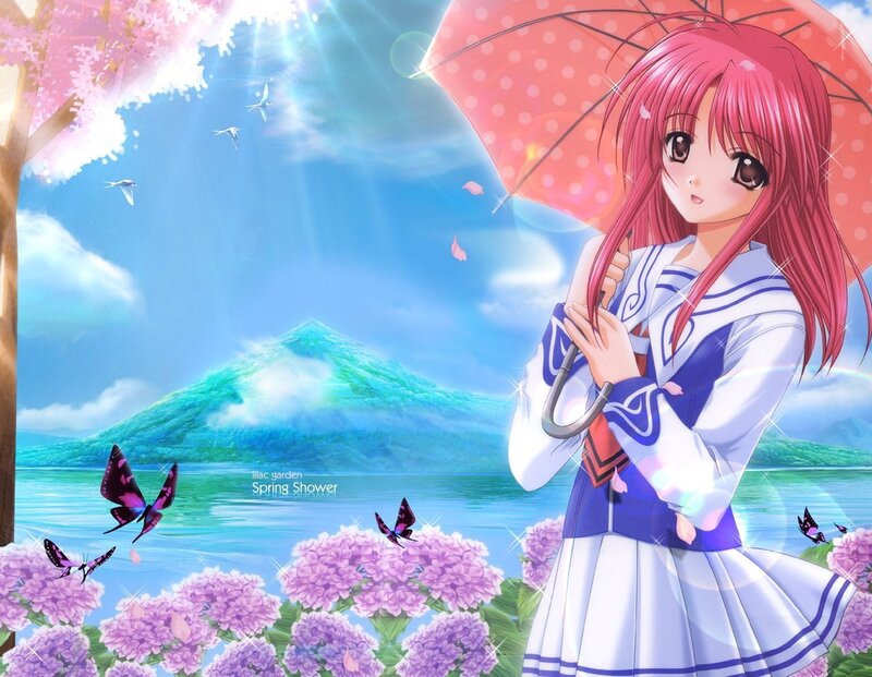 Anime girl with umbrella in spring