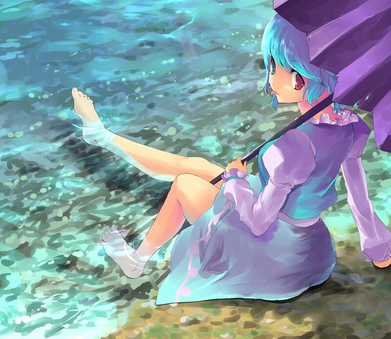 anime girl with umbrella in water