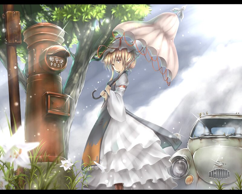 Anime girl with umbrella near post box