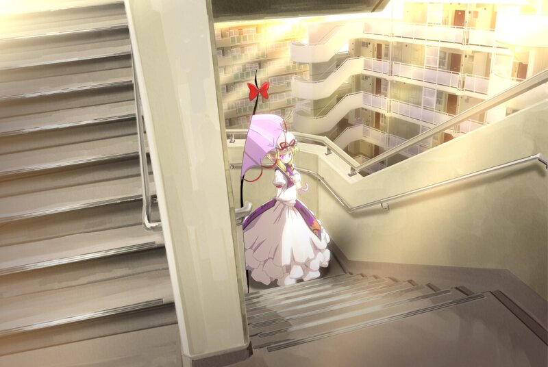 anime girl with umbrella on stairs