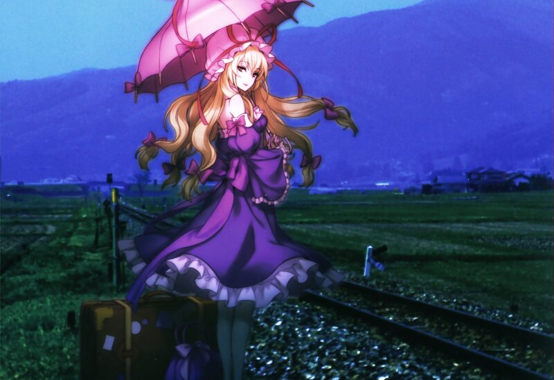 anime girl with umbrella on train tracks
