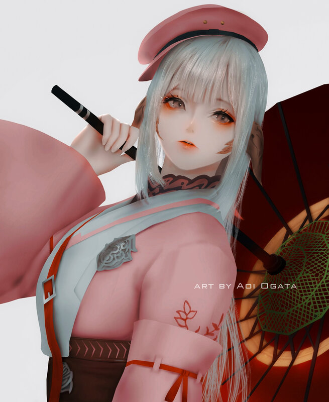 Anime Girl with Umbrella — Pink, Calm, Digital Art, Hat