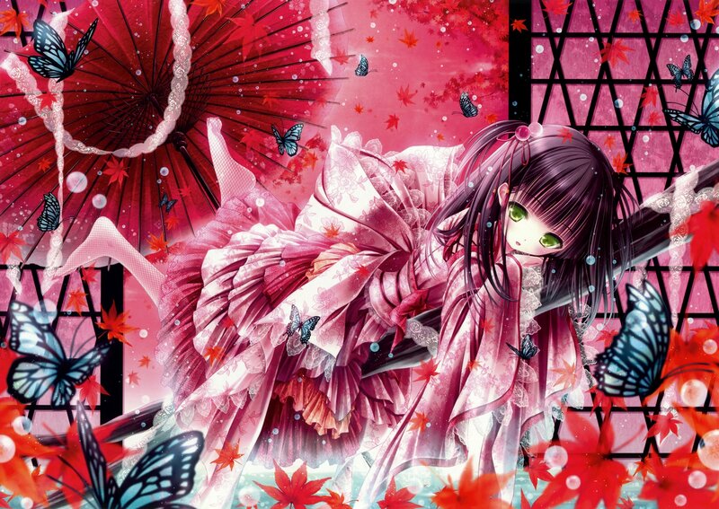 Anime Girl with Umbrella — Pink, Dreamy, Autumn