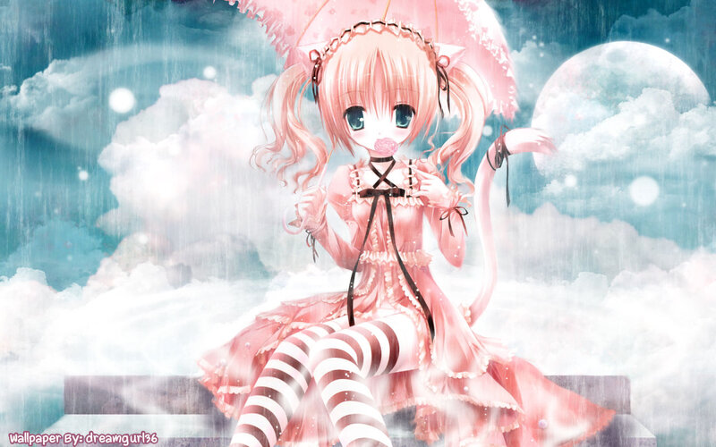 Anime Girl with Umbrella — Pink, Dreamy, Night, Digital Art, Clouds