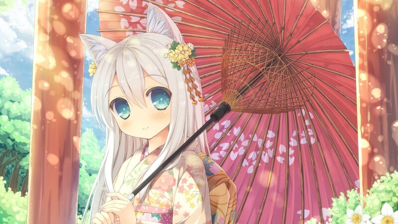 Anime Girl with Umbrella — Pink, Serene, Afternoon, Kimono