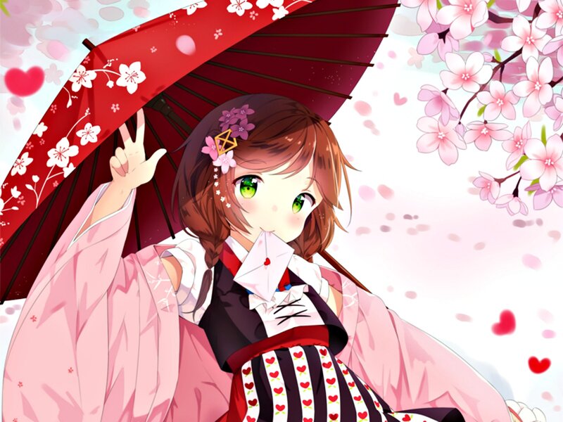 Anime Girl with Umbrella — Pink, Serene, Spring, Cherry Blossoms, Kimono