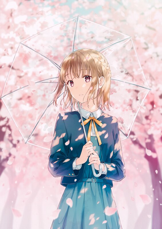 Anime Girl with Umbrella — Pink, Serene, Spring, Cherry Blossoms, School Uniform