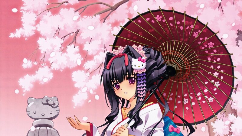 Anime Girl with Umbrella — Pink, Serene, Spring, Cherry Blossoms, Statue