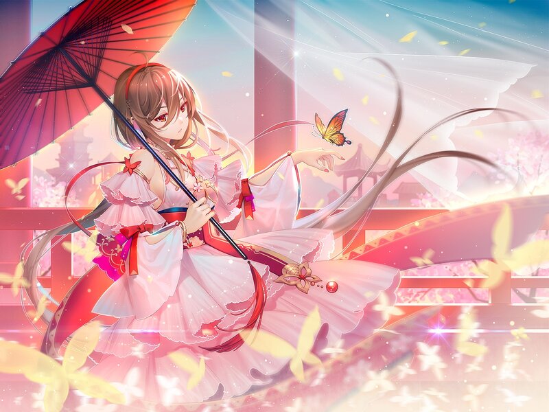 Anime Girl with Umbrella — Pink, Serene, Spring, Digital Art, Butterfly