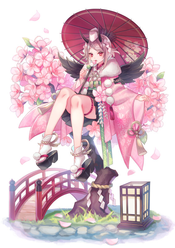 Anime Girl with Umbrella — Pink, Serene, Spring, Digital Art, Cherry Blossoms, Bridge