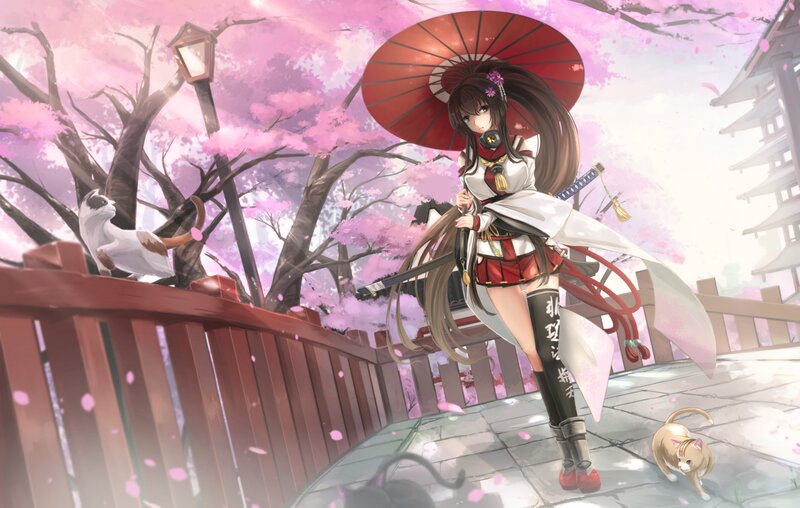 Anime Girl with Umbrella — Pink, Serene, Spring, Digital Art, Cherry Blossoms, Cats