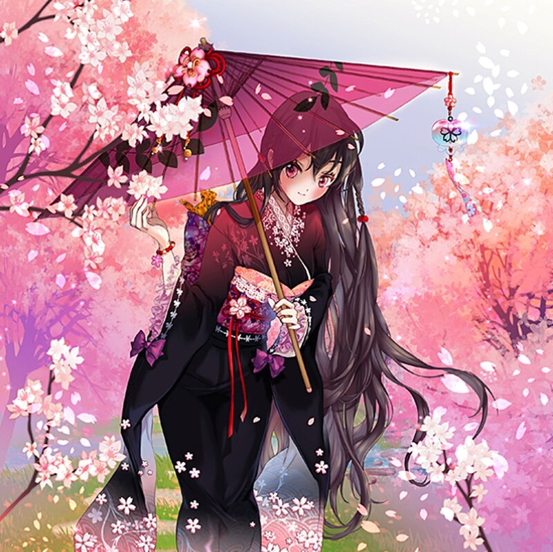 Anime Girl with Umbrella — Pink, Serene, Spring, Digital Art, Cherry Blossoms, Kimono