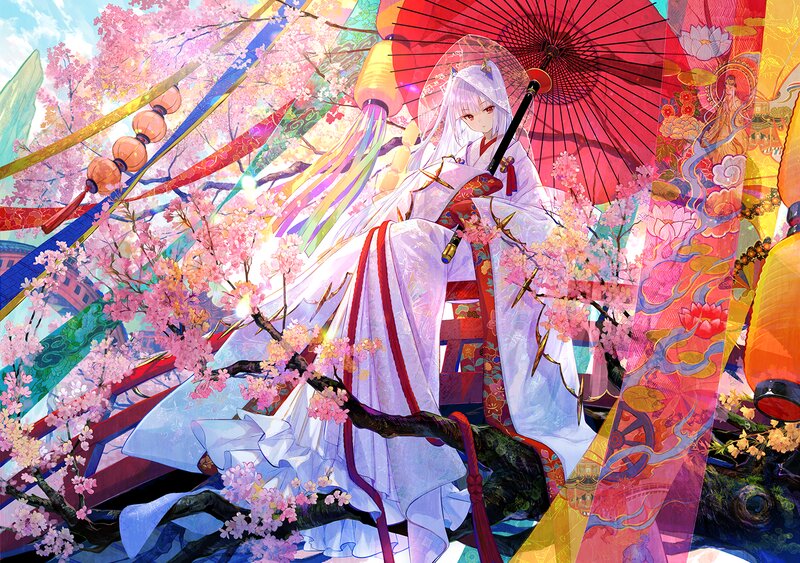 Anime Girl with Umbrella — Pink, Serene, Spring, Digital Art, Cherry Blossoms, Lanterns