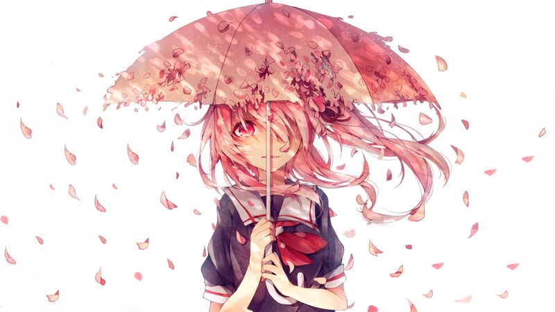 Anime Girl with Umbrella — Pink, Serene, Spring, Digital Art, Petals, School Uniform