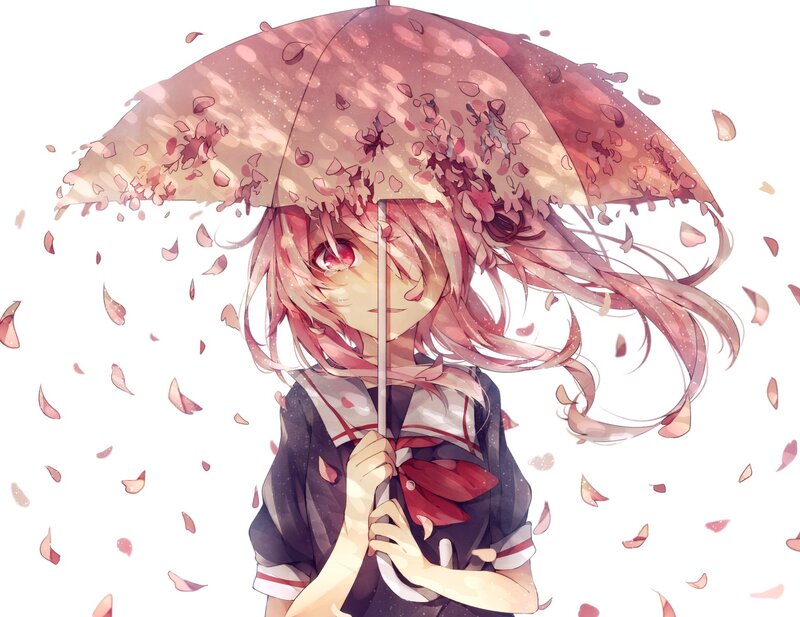 Anime Girl with Umbrella — Pink, Serene, Spring, Digital Art, Petals
