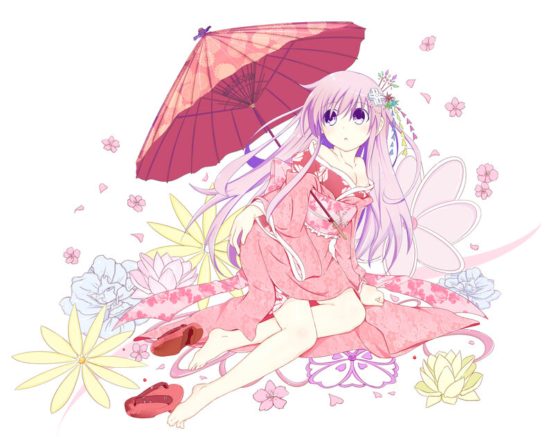 Anime Girl with Umbrella — Pink, Serene, Spring, Flowers