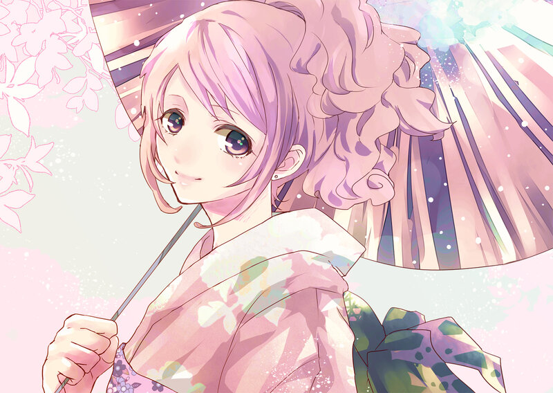 Anime Girl with Umbrella — Pink, Serene, Spring, Kimono, Cherry Blossoms
