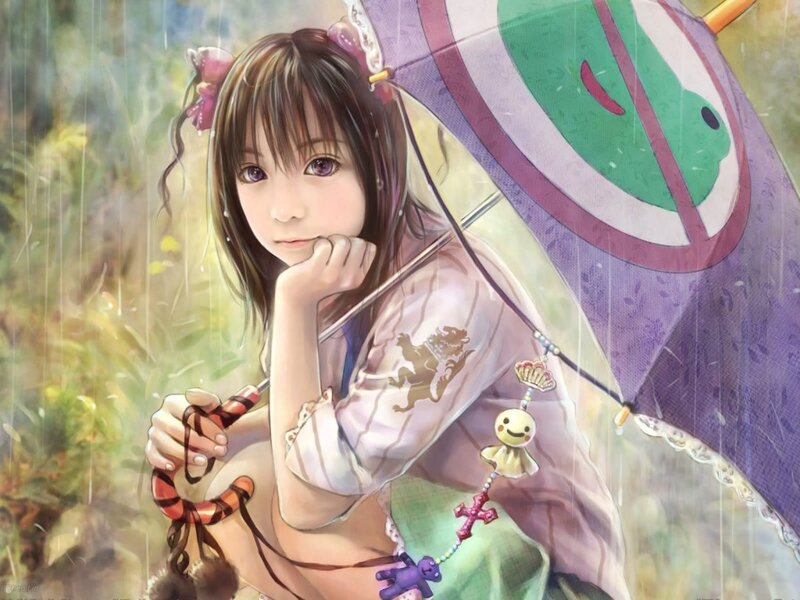 Anime Girl with Umbrella — Purple, Calm, Afternoon, Digital Art, Rain