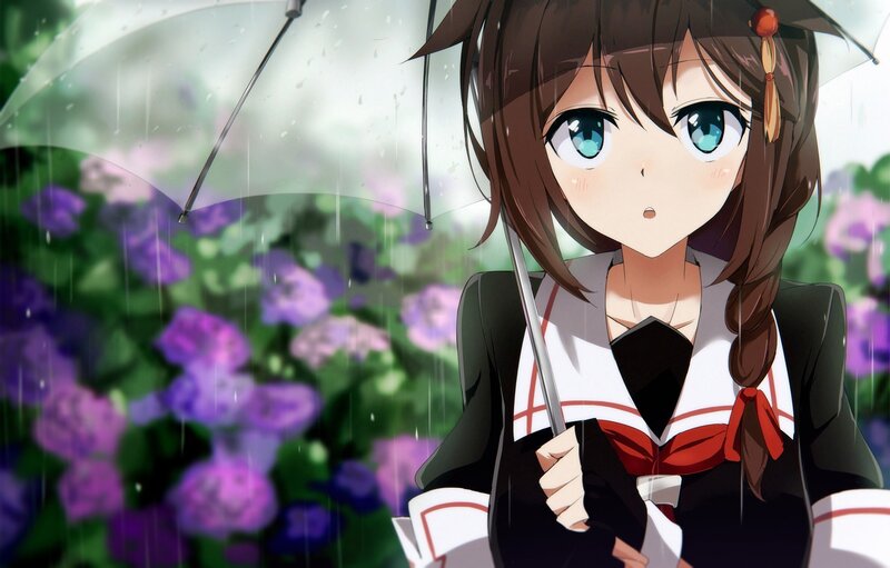 Anime Girl with Umbrella — Purple, Calm, Spring, Flowers, Rain