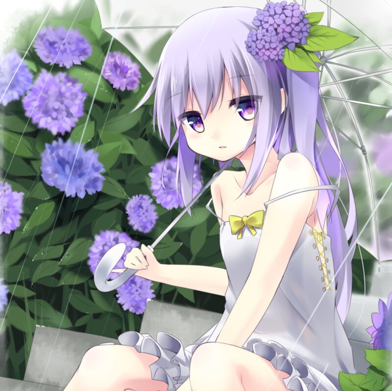 Anime Girl with Umbrella — Purple, Calm, Spring, Flowers