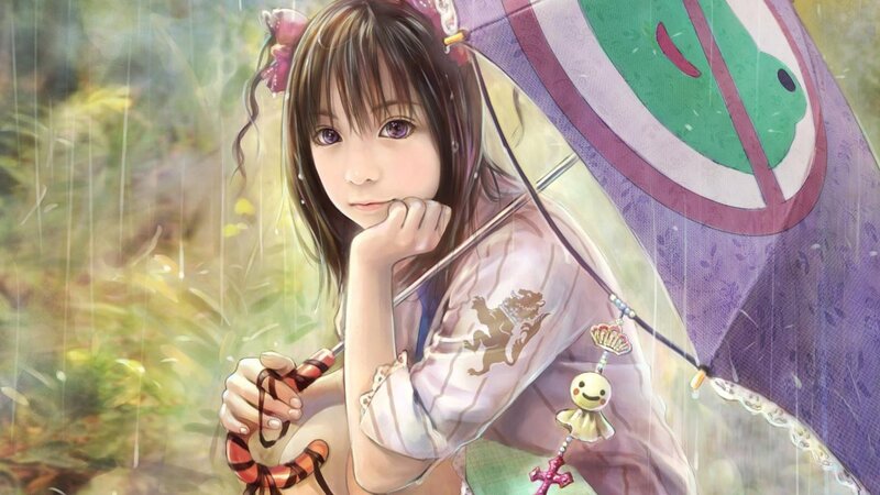 Anime Girl with Umbrella — Purple, Calm, Spring