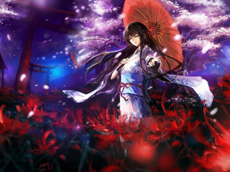 Anime Girl with Umbrella — Purple, Dramatic, Night, Digital Art, Cherry Blossoms
