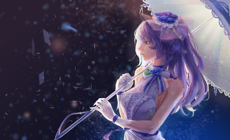 Anime Girl with Umbrella — Purple, Dramatic, Night, Digital Art, Flowers