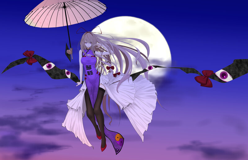 Anime Girl with Umbrella — Purple, Dramatic, Night, Digital Art, Moon, Wings