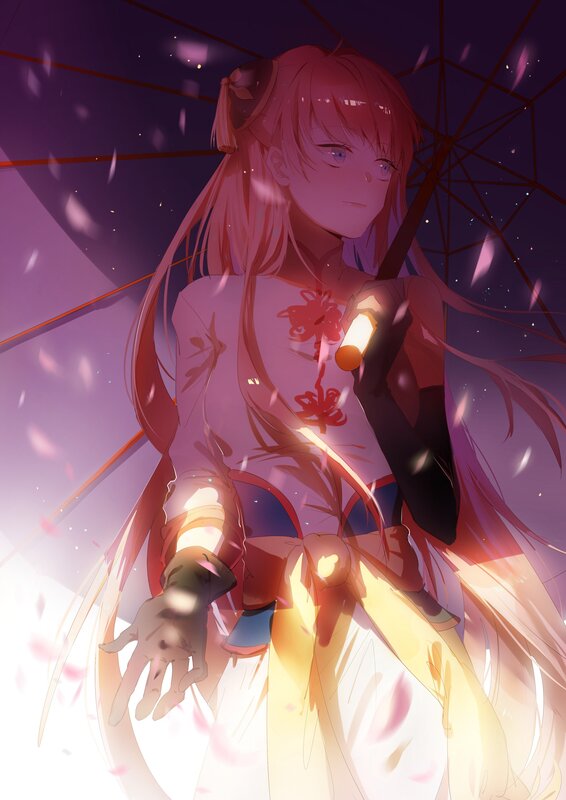 Anime Girl with Umbrella — Purple, Dramatic, Night, Digital Art, Petals