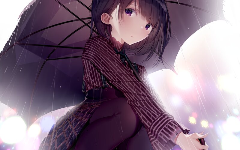 Anime Girl with Umbrella — Purple, Dramatic, Night, Digital Art, Rain