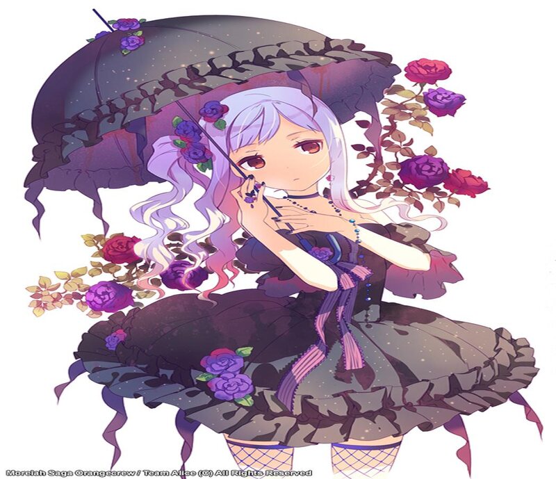 Anime Girl with Umbrella — Purple, Dramatic, Night, Digital Art, Roses