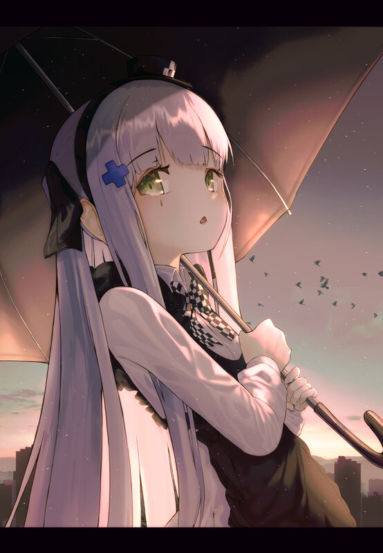 Anime Girl with Umbrella — Purple, Dramatic, Sunset, Digital Art, Cityscape