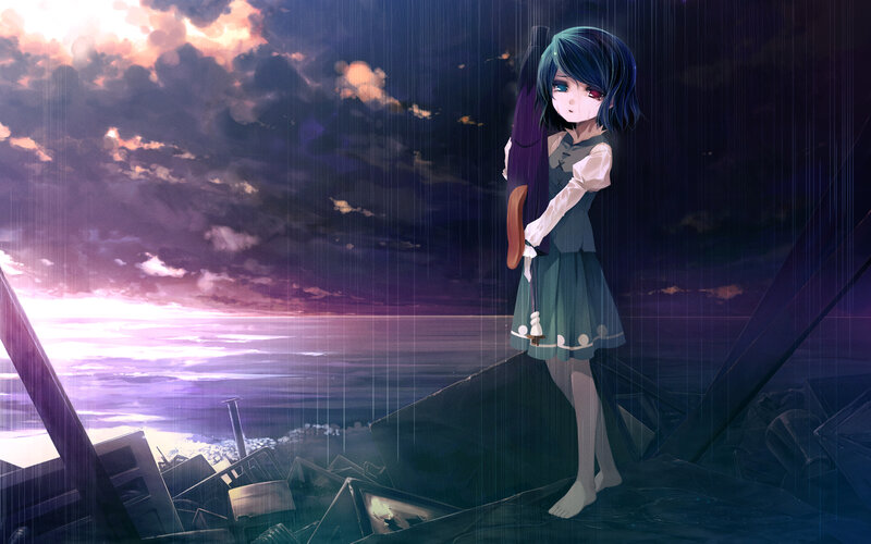 Anime Girl with Umbrella — Purple, Dramatic, Sunset, Digital Art