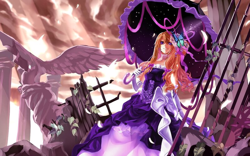 Anime Girl with Umbrella — Purple, Dramatic, Sunset, Digital Art, Wings