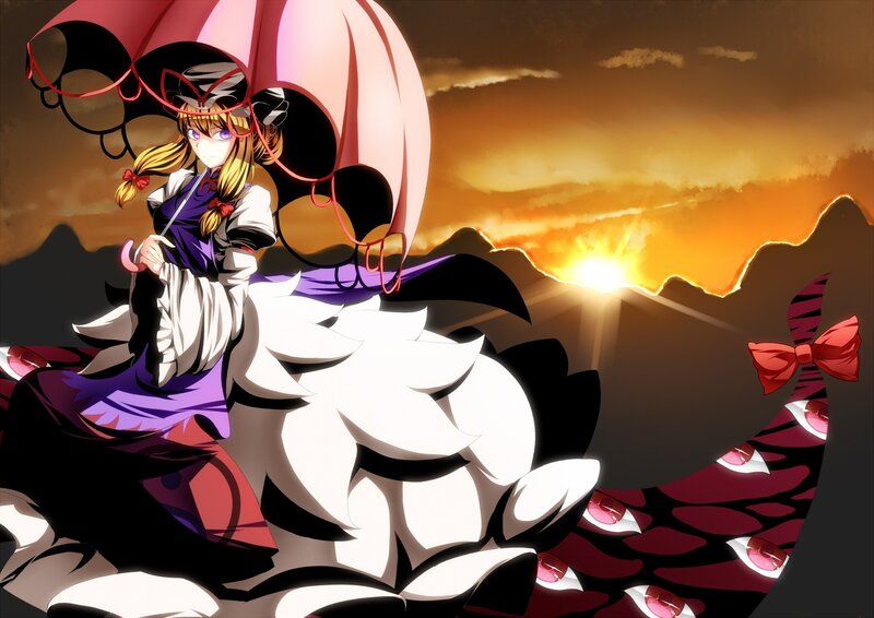 Anime Girl with Umbrella — Purple, Dramatic, Sunset, Mountains