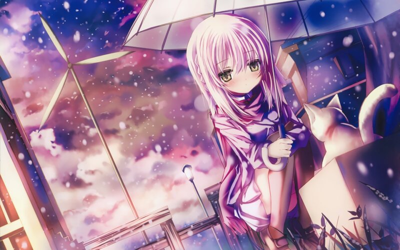 Anime Girl with Umbrella — Purple, Dreamy, Night, Cat