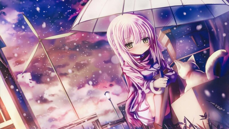 Anime Girl with Umbrella — Purple, Dreamy, Night, Digital Art