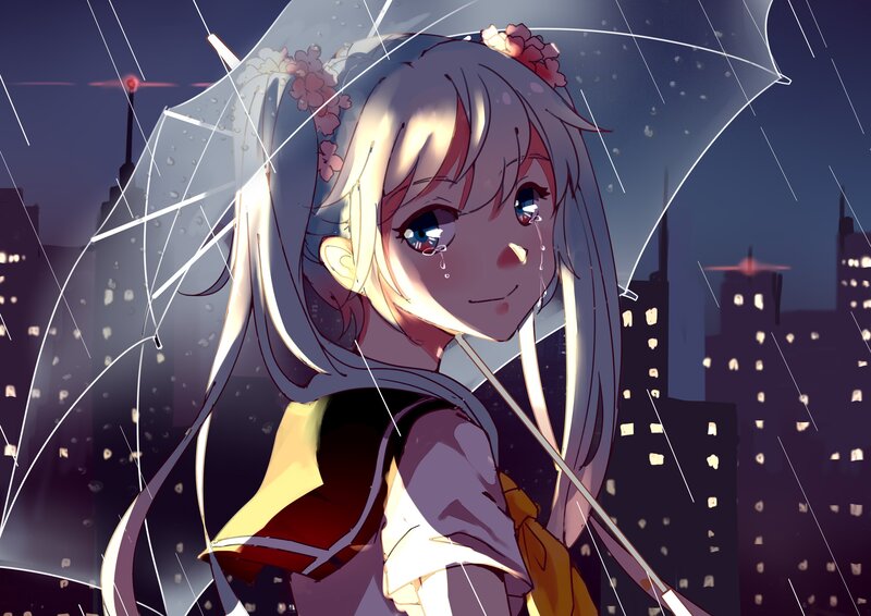 Anime Girl with Umbrella — Purple, Melancholic, Night, Digital Art, Rain, Cityscape