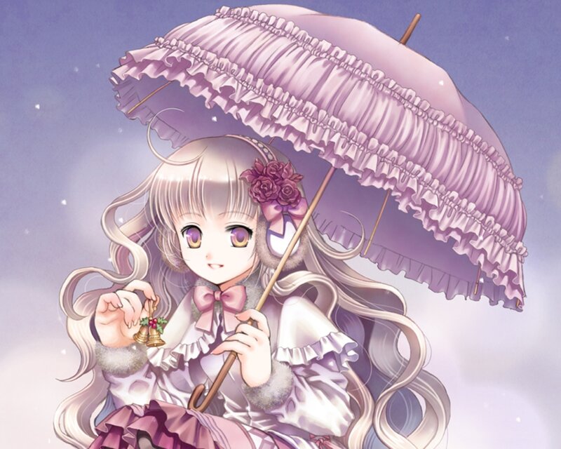 Anime Girl with Umbrella — Purple, Serene, Night, Bell