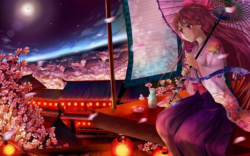 Anime Girl with Umbrella — Purple, Serene, Night, Digital Art, Cherry Blossoms, Kimono