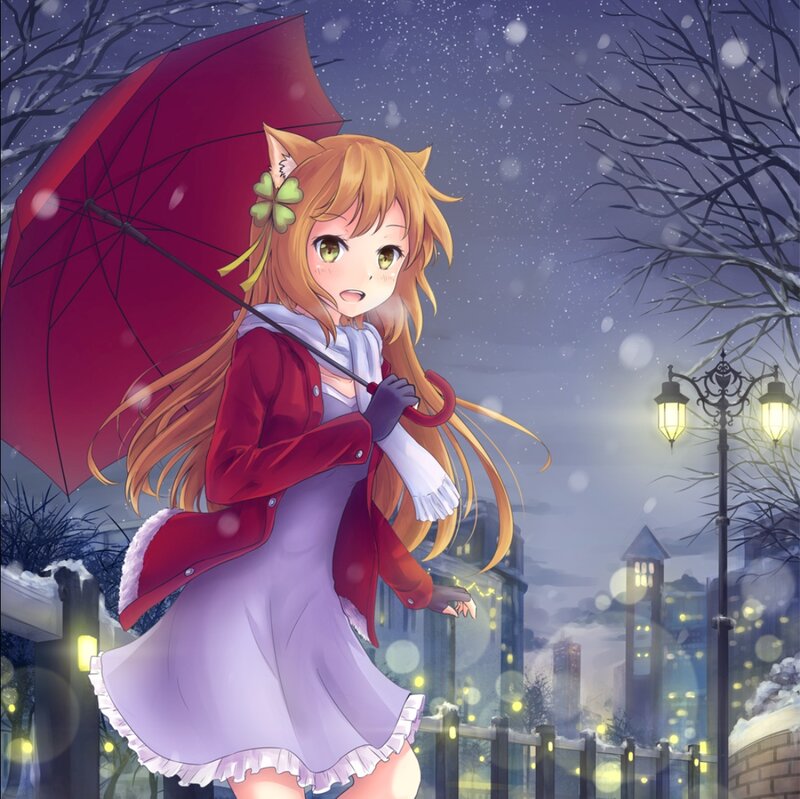 Anime Girl with Umbrella — Purple, Serene, Night, Snow