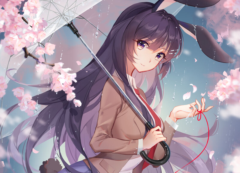 Anime Girl with Umbrella — Purple, Serene, Spring, Digital Art, Cherry Blossoms, Rain
