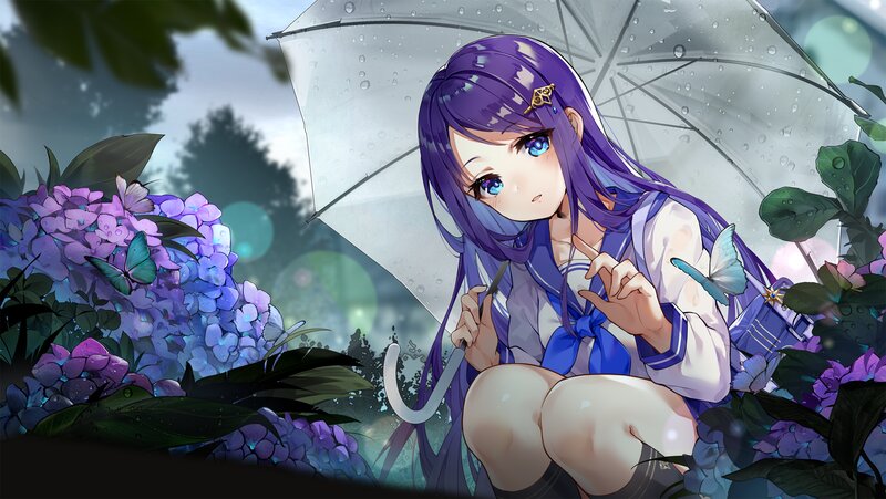Anime Girl with Umbrella — Purple, Serene, Spring, Digital Art, Hydrangea, Butterfly