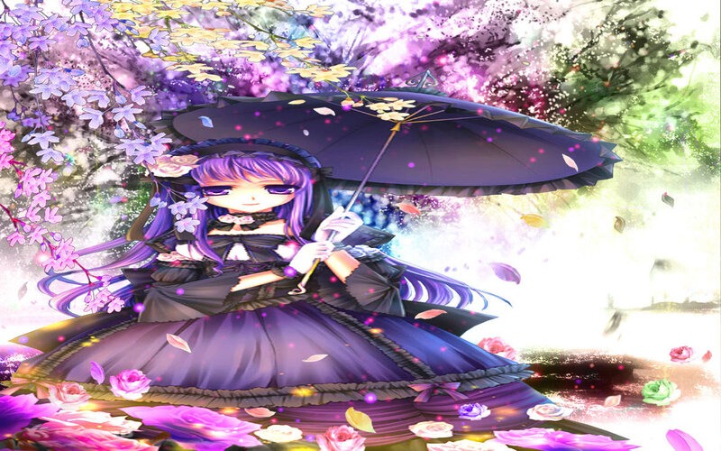 Anime Girl with Umbrella — Purple, Serene, Spring, Digital Art