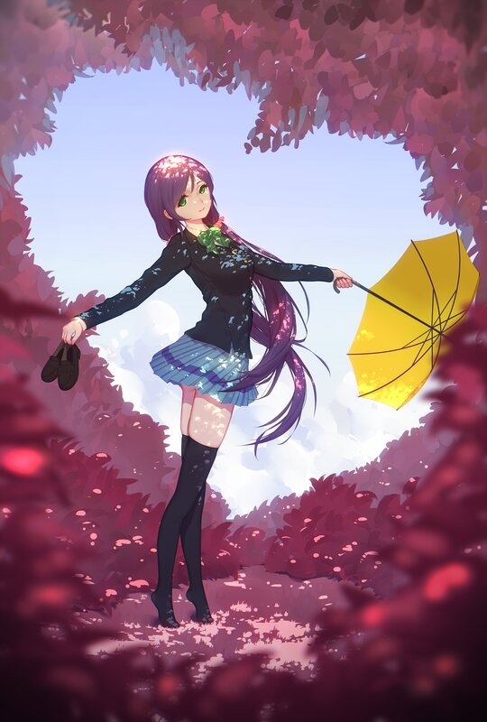 Anime Girl with Umbrella — Purple, Serene, Spring, Digital Art, Trees