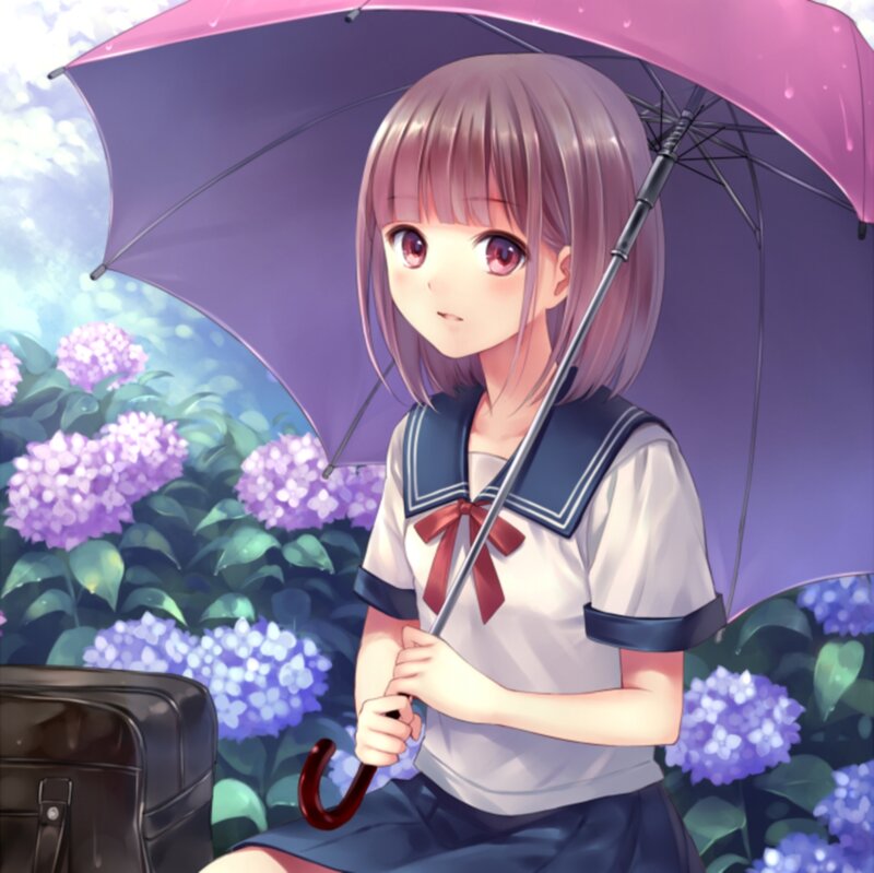 Anime Girl with Umbrella — Purple, Serene, Spring, Flowers, School Uniform